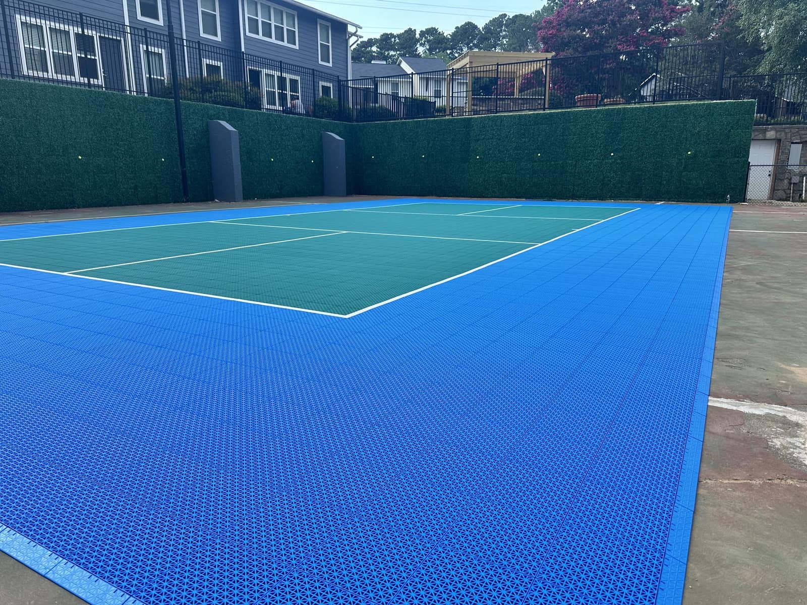 Bright blue and teal pickleball court with hedge privacy walls