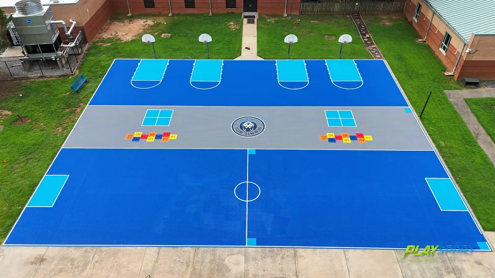 Aerial view of the finished Summit Hill Elementary multi-sport court in Alpharetta, GA