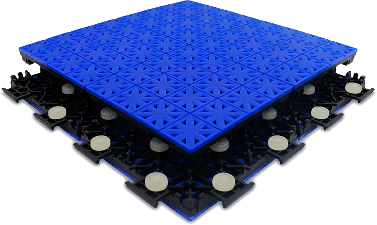 X COURT tile system — blue top layer over black cushioned base